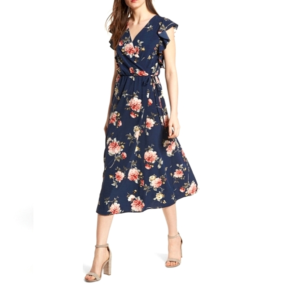 Bailey Blue Women's Navy Blue Floral V-neck Cap Sleeve Maxi Dress size M - Picture 1 of 9